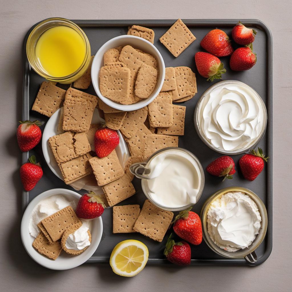 Items needed to answer the question, How do I bake a decadent Striped Strawberry Scotch Cheesecake. Items include:  Graham Crackers  Butter  Salt  Strawberries  Sugar  Lemon Juice  Cream Cheese  Granulated Sugar  Scotch