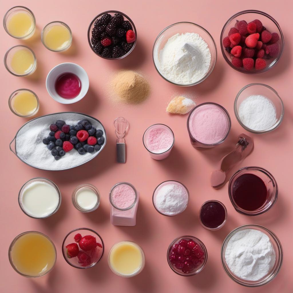 Items needed to answer the question, How do I bake Foggy Forest Fruit Fizz cupcakes. Items include:  all-purpose flour  baking powder  magical fairy dust  milk  foggy forest fruit juice  vanilla extract  softened butter  sugar  powdered sugar  fizzy forest fruit soda  fairy dust (edible glitter)  fresh forest fruit