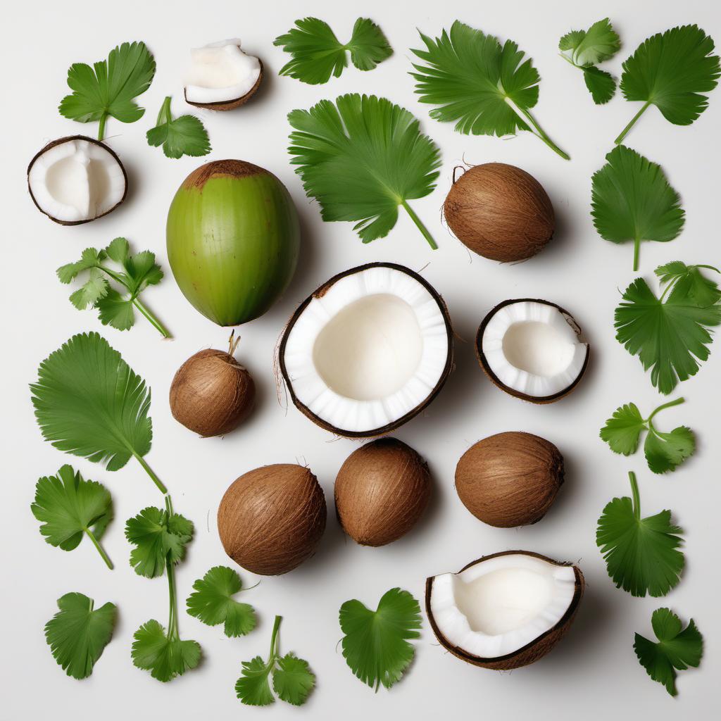 Items needed to answer the question, How do I make a Coconut Cilantro Cooler Mocktail. Items include:  Coconuts  Cilantro leaves