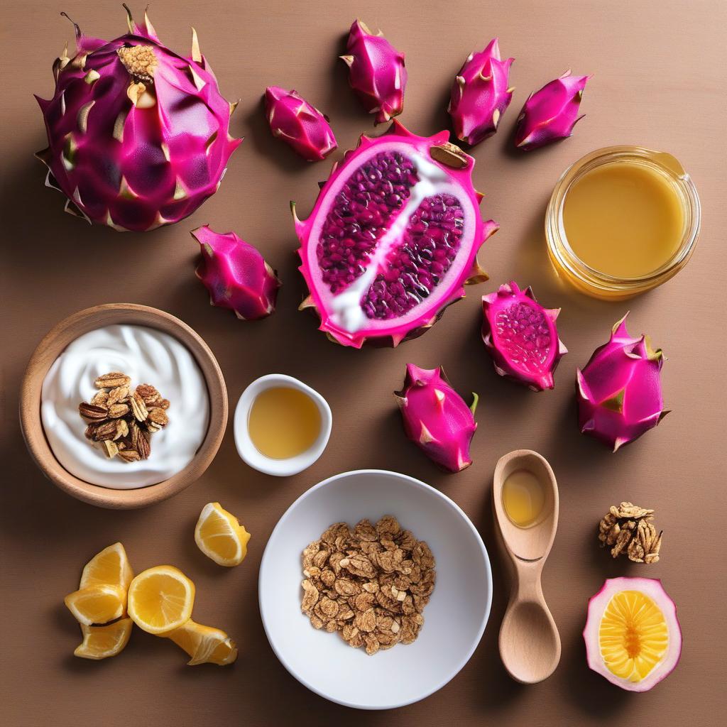 Items needed to answer the question, How do I create Dragonfruit Dino Bite Parfaits. Items include:  Dragonfruit  Greek yogurt  Granola  Honey  Additional fruits