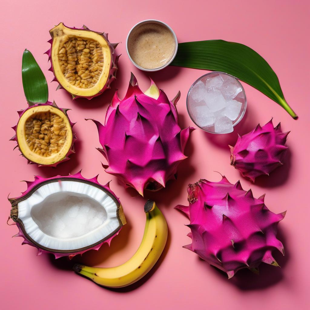 Items needed to answer the question, How do I make Dragonfruit Dino Bite Smoothies. Items include:  Dragonfruits  Frozen Berries  Banana  Coconut Water  Honey  Ice Cubes