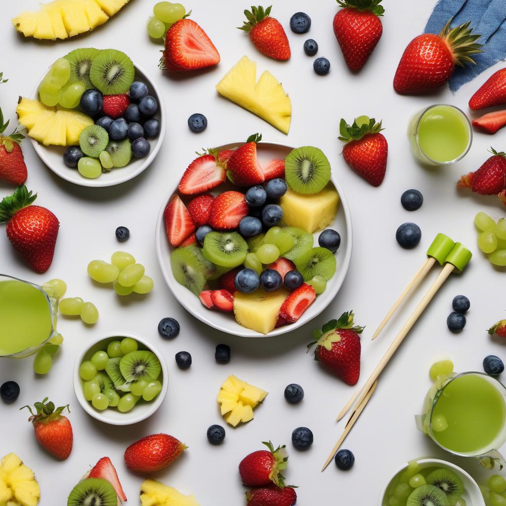 Items needed to answer the question, How do I decorate Fairy Forest Fruit Kebabs. Items include:  Strawberries  Pineapple chunks  Green grapes  Blueberries  Kiwi slices  Bamboo skewers