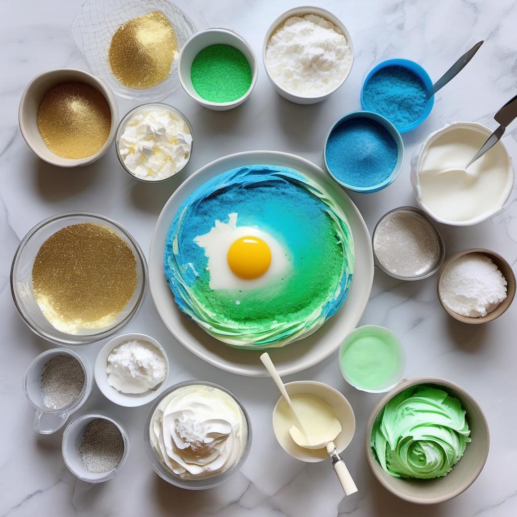 Items needed to answer the question, How do I decorate Mermaid Meringue Shells. Items include:  egg whites  sugar  salt  edible luster dust  soft brush  edible glitter  buttercream frosting  blue or green food coloring  piping bags  star tip  white chocolate  parchment paper
