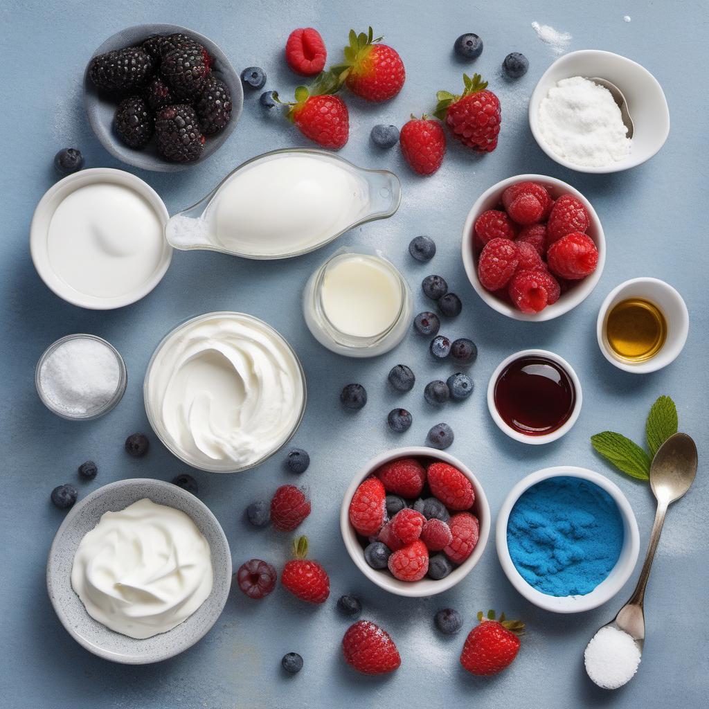 Items needed to answer the question, How do I serve Mermaid Meringue Shells. Items include:  Egg whites  Sugar  Salt  Vanilla extract  Blue food coloring  Heavy cream  Powdered sugar  Fresh berries