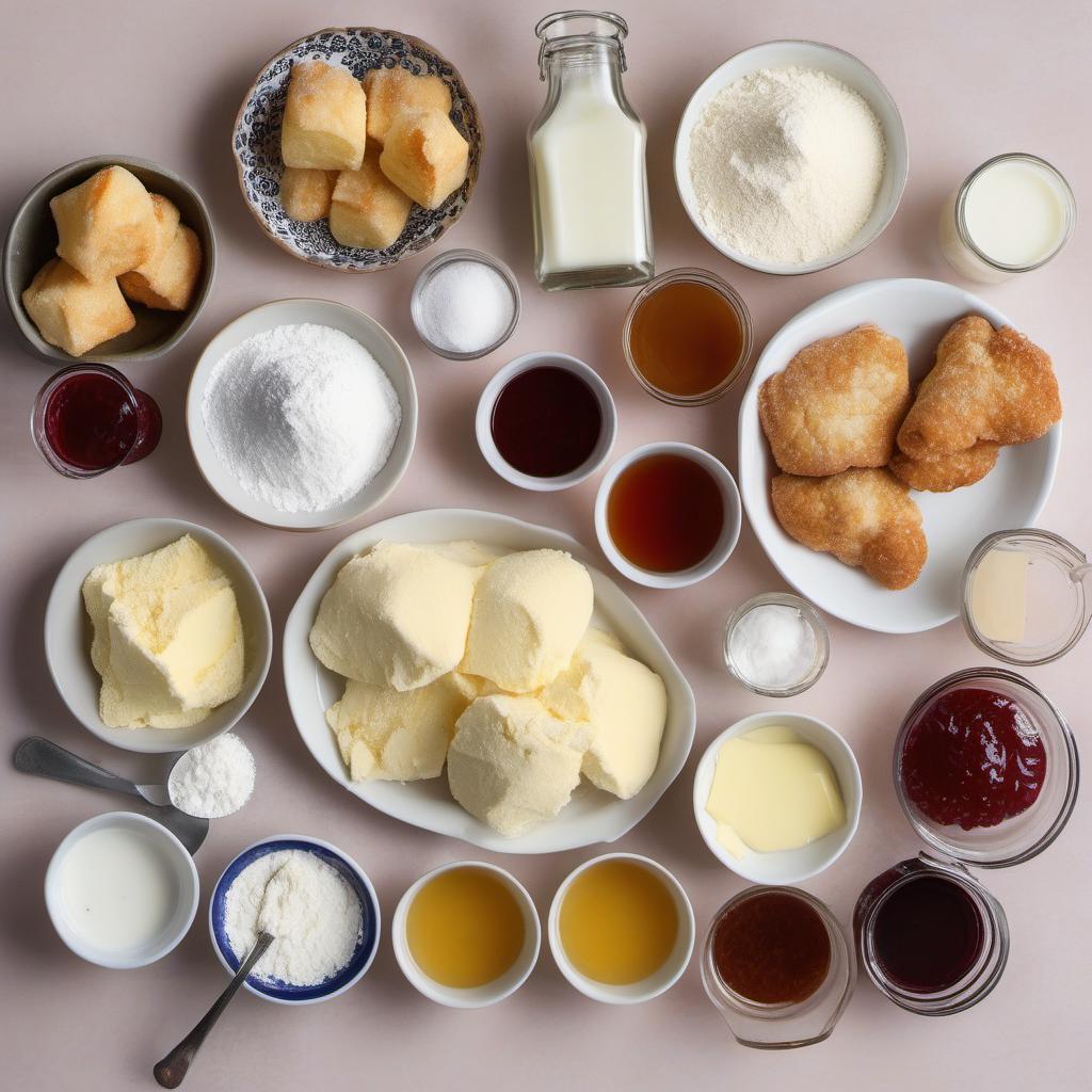 Items needed to answer the question, How do I make Butterfly Biscuits with Jam Wings. Items include:  Flour  Granulated sugar  Baking powder  Salt  Unsalted butter  Milk  Vanilla extract  Your favorite jam