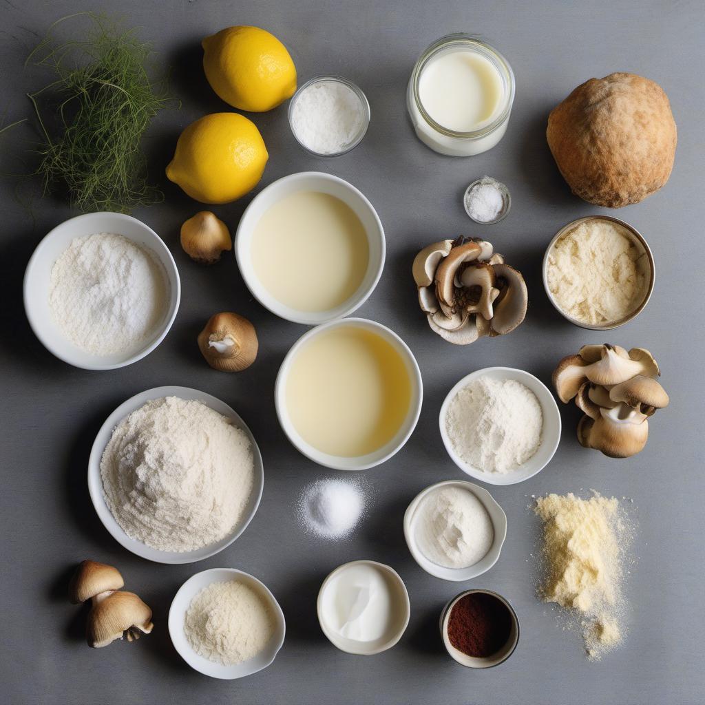 Items needed to answer the question, How do I bake Lions Mane Lemon Muffins without eggs. Items include:  All-purpose flour  Granulated sugar  Baking powder  Baking soda  Salt  Plant-based milk  Neutral oil  Lemons (zest)  Vanilla extract  Lion's Mane mushrooms