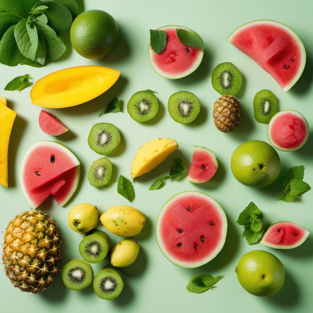 Items needed to answer the question, How do I make a Flamingo Fruit Salad. Items include:  Watermelon  Pineapple  Mango  Kiwi  Lime  Honey  Chili powder  Fresh mint leaves