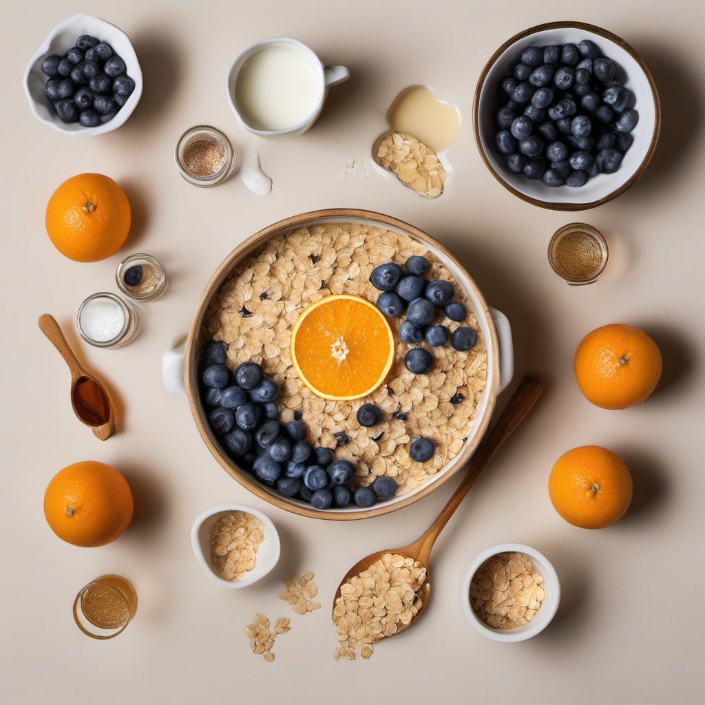 Items needed to answer the question, How do I serve up a smile with Orange Octopus Oatmeal. Items include:  rolled oats  milk  orange  blueberries  maple syrup or honey  salt