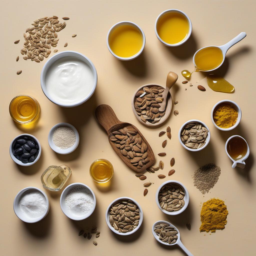 Items needed to answer the question, How do I make Yellow Sunflower Seed Yogurt Parfait. Items include:  Yogurt  Sunflower seeds  Honey  Vanilla extract  Turmeric