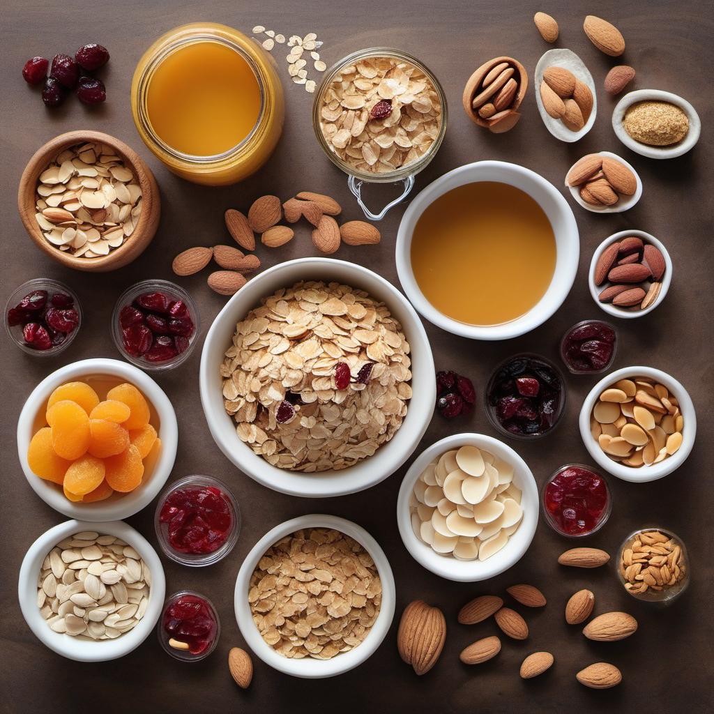 Items needed to answer the question, How do I make Cosmic Crunch Granola Bars. Items include:  rolled oats  honey  peanut butter  dried cranberries  dried apricots  slivered almonds  salt