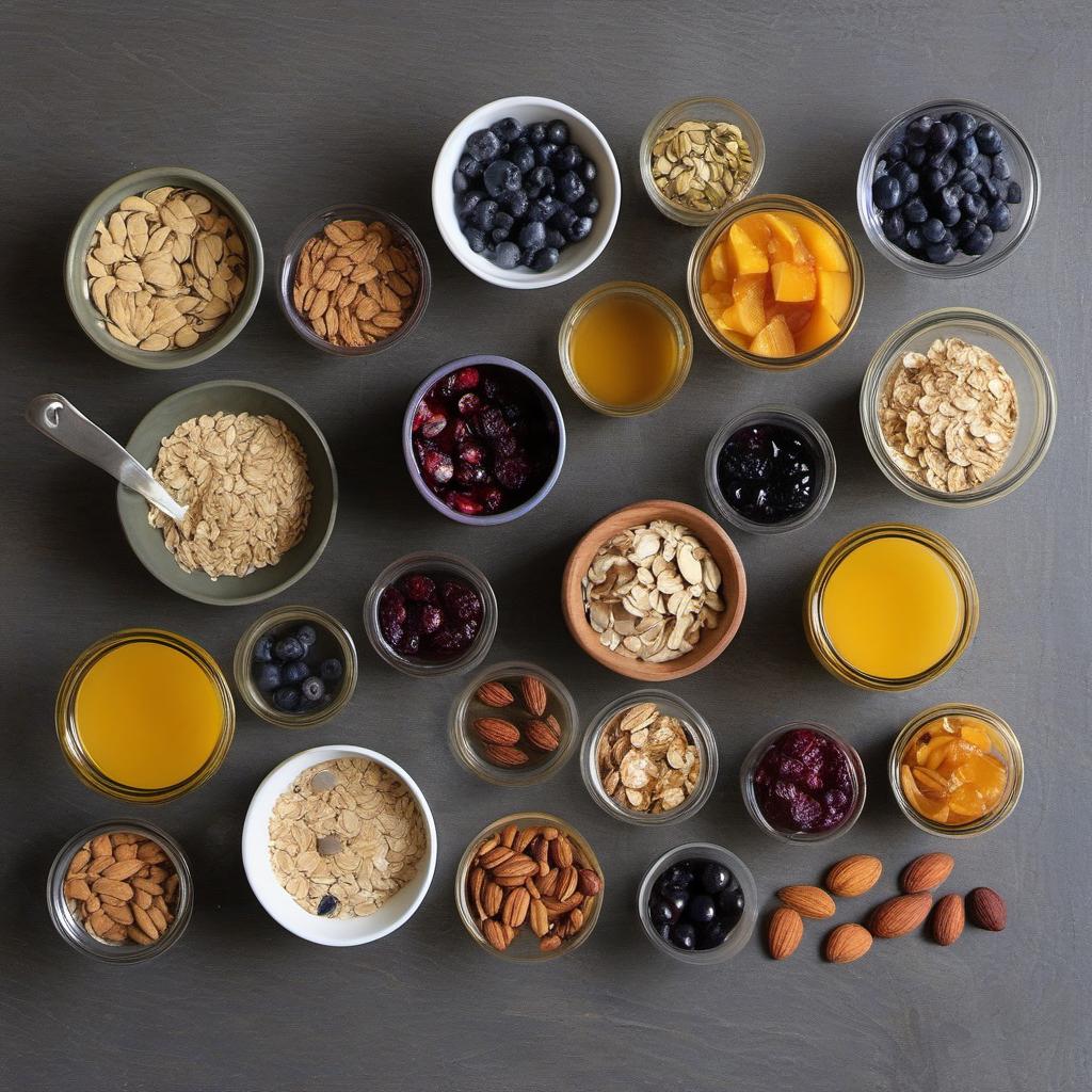 Items needed to answer the question, How do I whip up Zesty Nebula Granola Bars. Items include:  Dried mango  Rolled oats  Honey  Coconut oil  Almond butter  Dried cranberries  Dried blueberries  Dried apricots  Sliced almonds  Pumpkin seeds  Salt  Lemon zest