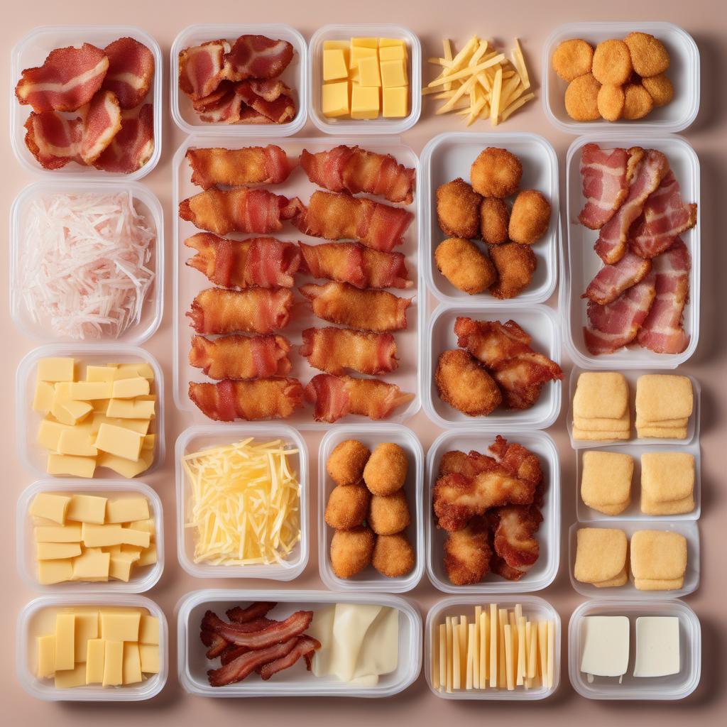 Items needed to answer the question, How do I make cheesy Bacon-Wrapped Chicken Nugget Dippers. Items include:  Bacon  Chicken nuggets  Shredded cheese  Toothpicks