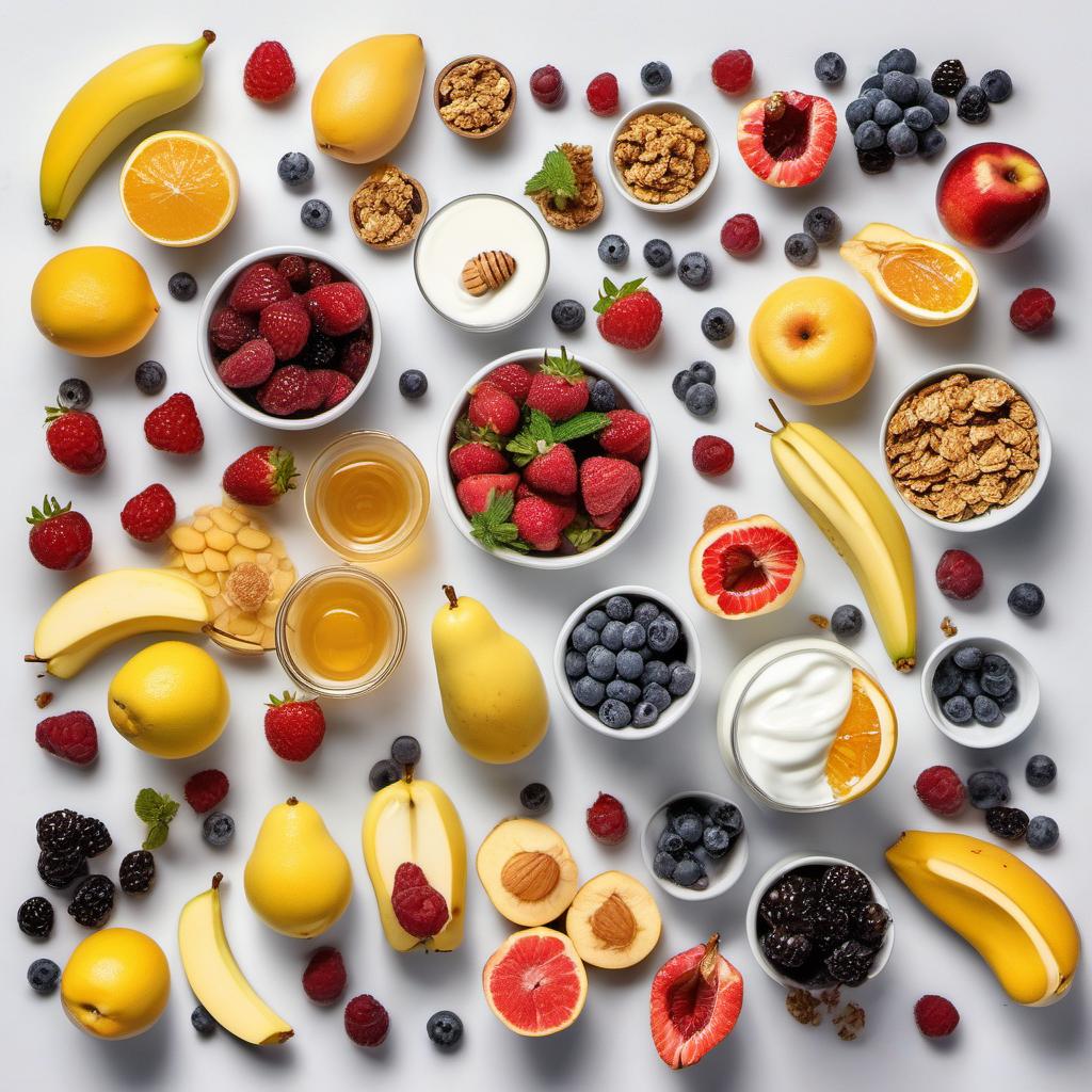 Items needed to answer the question, How do I make a fruity twist on a Yogurt Parfait. Items include:  Fruits  Yogurt  Honey  Granola or Nuts