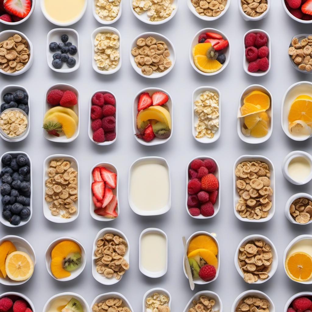 Items needed to answer the question, How do I make a Cheerful Cereal Parfait. Items include:  Cereal  Yogurt  Assorted Fruits