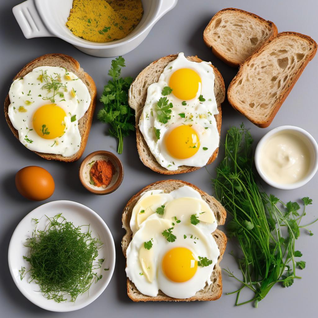 Items needed to answer the question, How do I jazz up Toast Soldiers with Soft-Boiled Eggs. Items include:  Bread slices  Mayonnaise  Dijon mustard  Garlic  Paprika  Lemon juice  Eggs  Fresh herbs (chives or parsley)