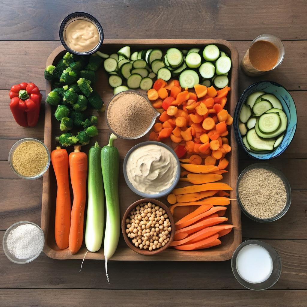 Items needed to answer the question, How do I whip up Baked Veggie Sticks with Creamy Hummus. Items include:  Veggies  Salt  Pepper  Paprika  Garlic Powder  Chickpeas  Tahini  Lemon Juice  Garlic  Olive Oil  Salt (for hummus)