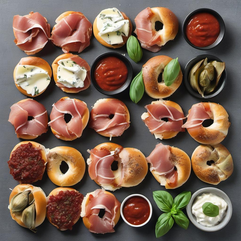 Items needed to answer the question, How do I create a gourmet twist on Pizza Bagel Bites. Items include:  Mini bagels  Artichoke hearts  Prosciutto slices  Fresh basil leaves  Marinara sauce  Mozzarella cheese  Salt and pepper
