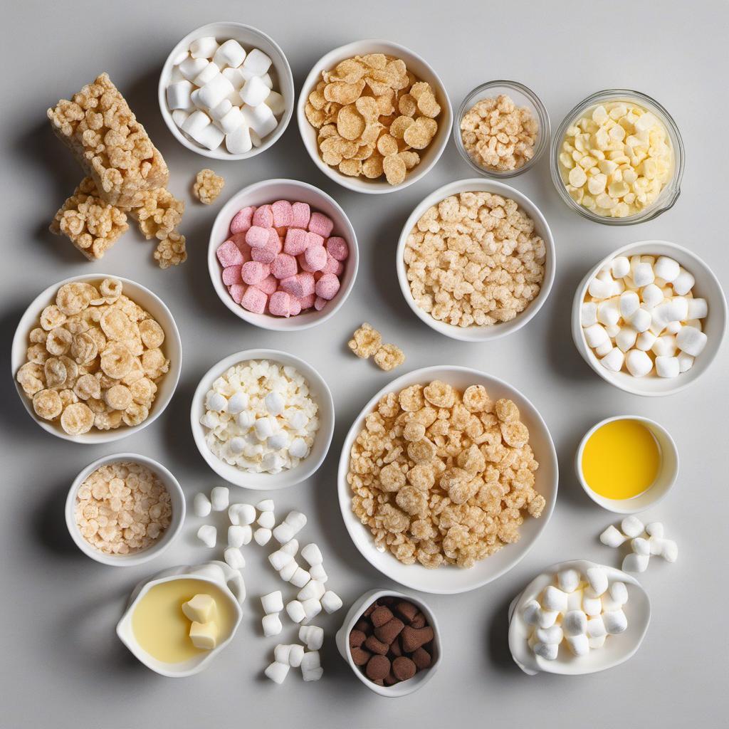 Items needed to answer the question, How do I add a twist to Mini Rice Krispie Treats. Items include:  Rice Krispies cereal  Mini marshmallows  Unsalted butter  Your choice of twist ingredient  Toppings