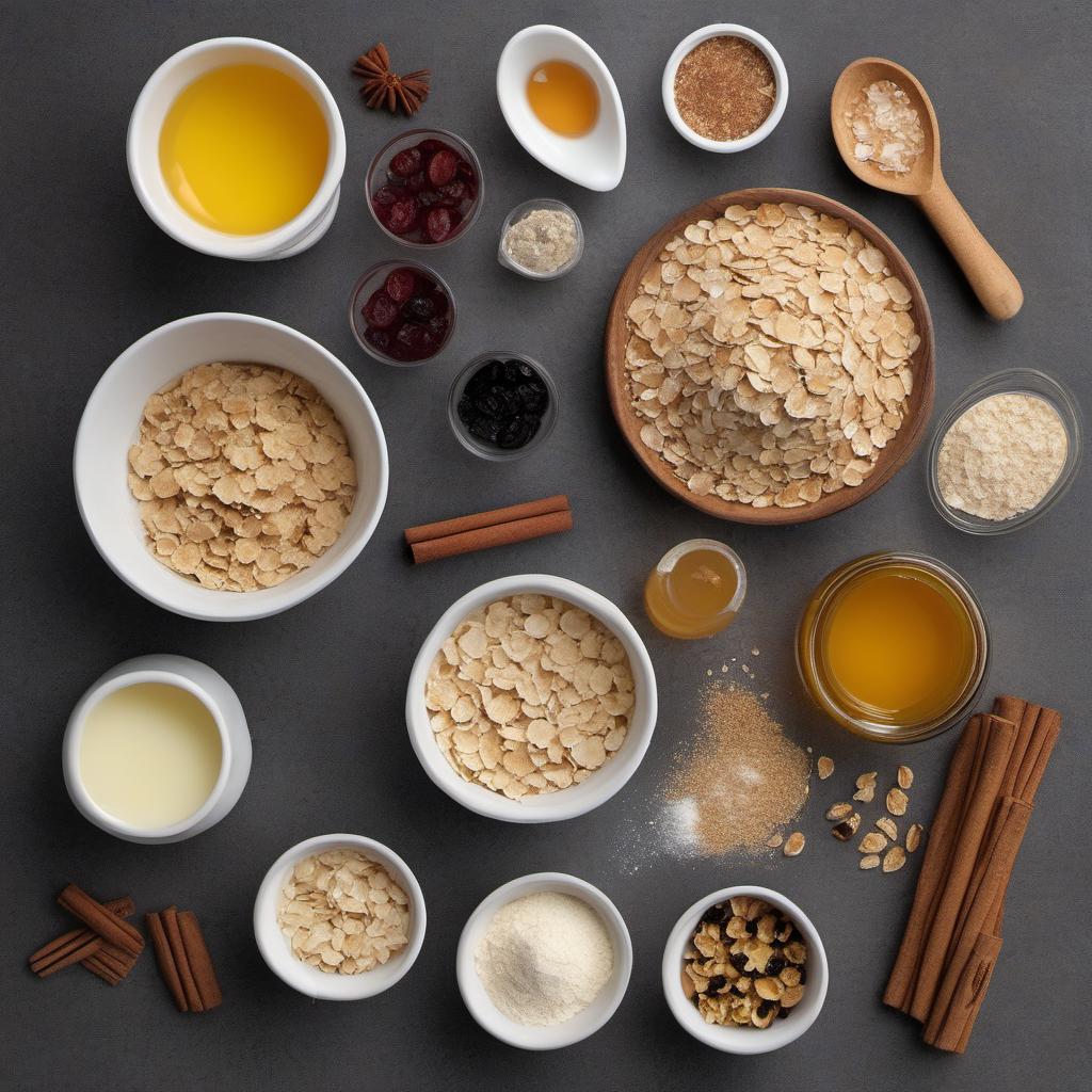 Items needed to answer the question, How do I bake Chewy Oatmeal Raisin Breakfast Bars. Items include:  rolled oats  all-purpose flour  baking soda  cinnamon  salt  unsalted butter  brown sugar  honey  vanilla extract  eggs  raisins
