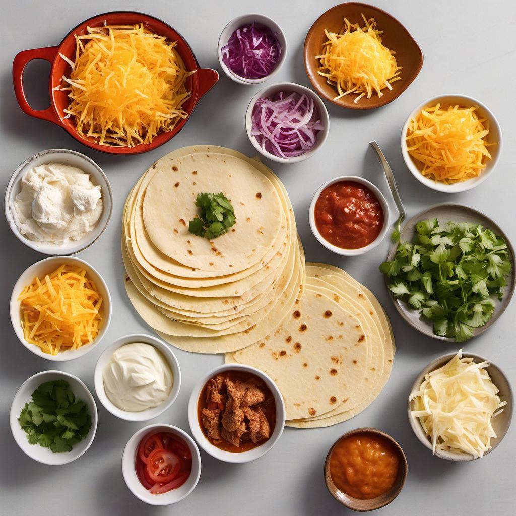 Items needed to answer the question, How Do I Create the Ultimate Cheese Quesadilla Party Platter. Items include:  Flour Tortillas  Shredded Cheese (Cheddar, Mozzarella, Pepper Jack)  Toppings (Tomatoes, Red Onions, Cilantro, Cooked Chicken/Beef)