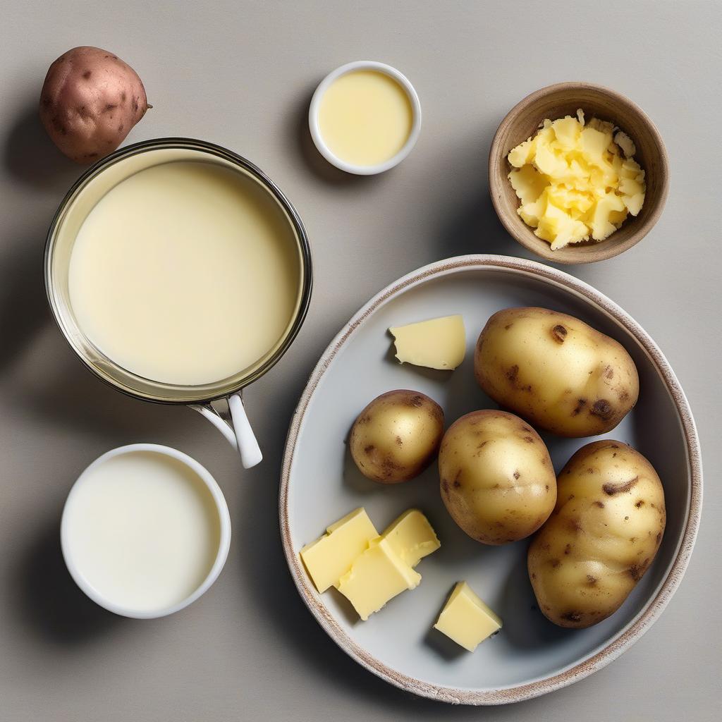 Items needed to answer the question, How do I make fluffy mashed potatoes. Items include:  Potatoes  Butter  Cream or Milk