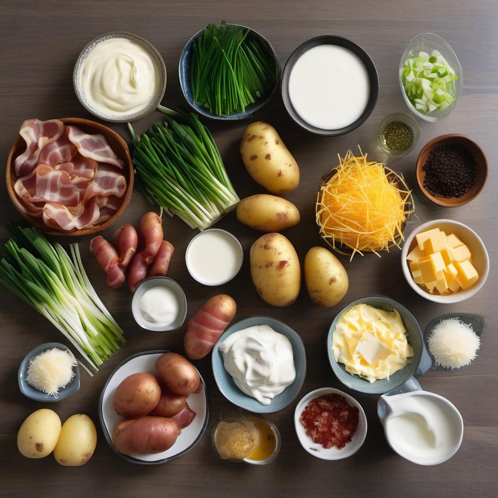 Items needed to answer the question, How do I make loaded mashed potatoes. Items include:  potatoes  butter  milk  salt  pepper  cheddar cheese  bacon  green onions  sour cream