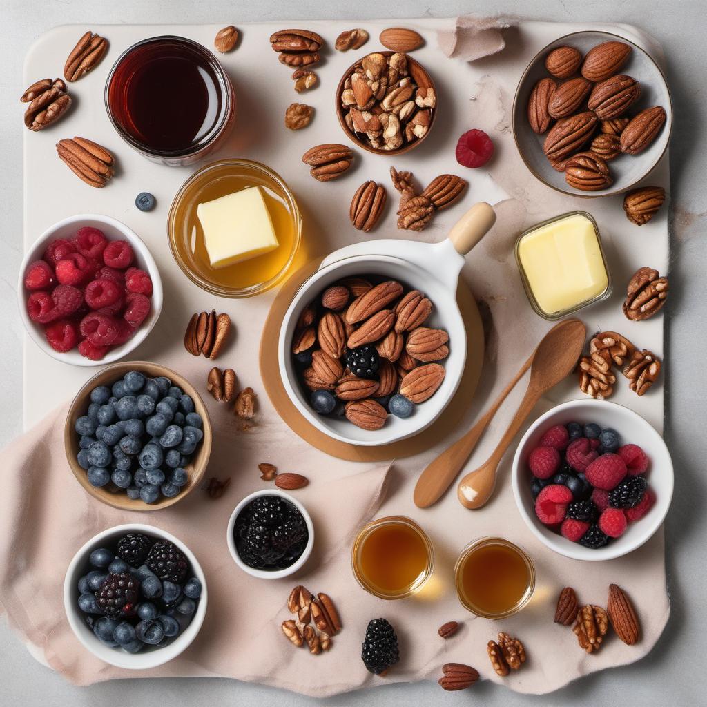 Items needed to answer the question, How do I create mouthwatering pancake toppings. Items include:  Maple syrup  Butter  Fresh berries  Sugar  Nuts (e.g., almonds or pecans)