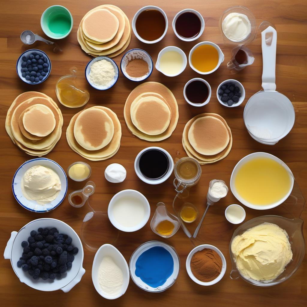 Items needed to answer the question, How do I turn pancakes into edible art. Items include:  Pancake Batter  Food Coloring  Vanilla Extract  Cinnamon  Squeeze Bottles or Plastic Bags  Cookie Cutters  Non-stick Griddle or Skillet  Cooking Spray or Butter