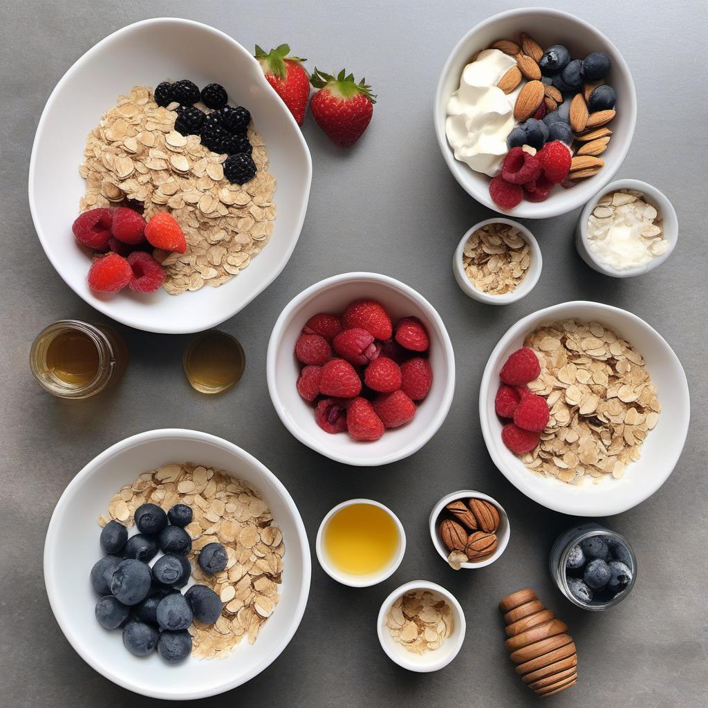 Items needed to answer the question, How do I make Granola with Yogurt and Berries Parfait. Items include:  rolled oats  chopped nuts (such as almonds or walnuts)  honey  melted coconut oil  vanilla extract  salt  Greek yogurt  fresh berries (strawberries, blueberries, or raspberries)