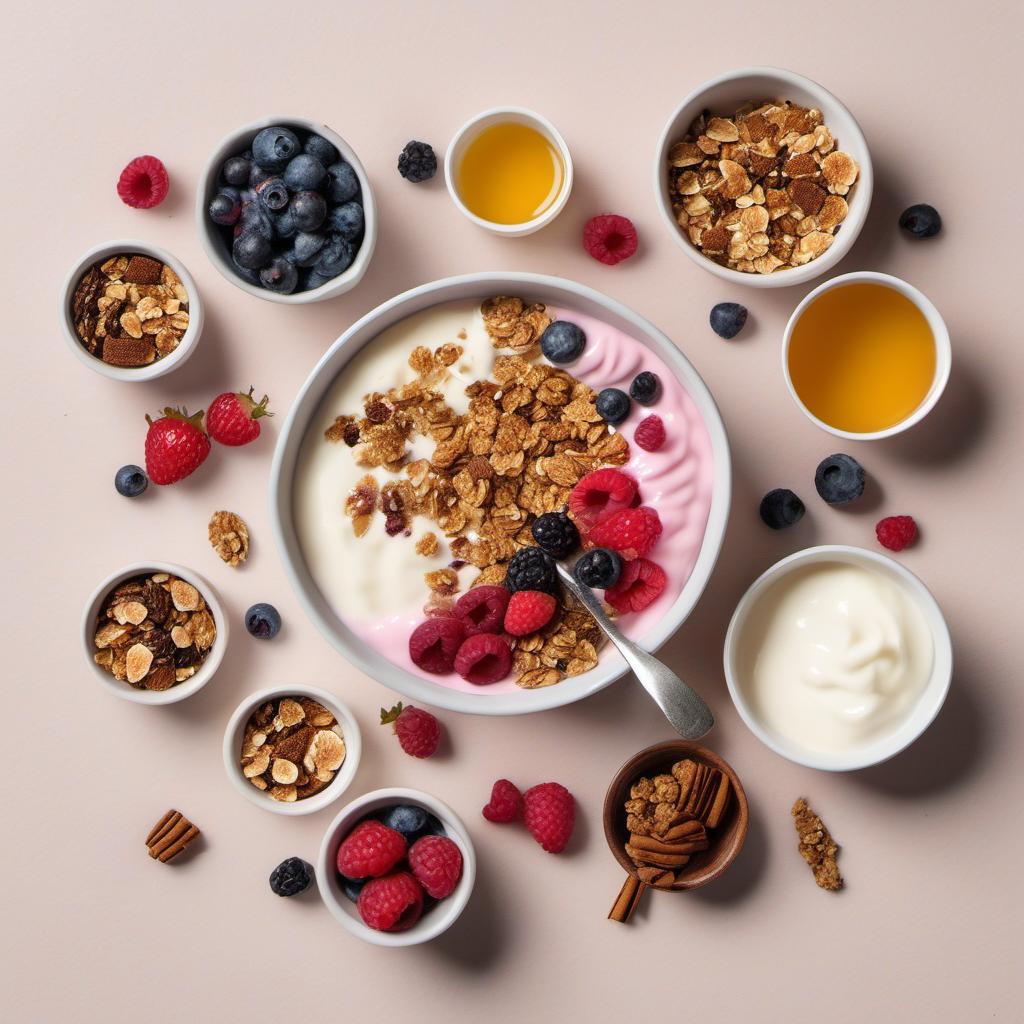 Items needed to answer the question, How do I create a Yogurt and Berries Smoothie Bowl with Granola. Items include:  Yogurt  Mixed berries  Honey  Granola  Cinnamon  Optional toppings