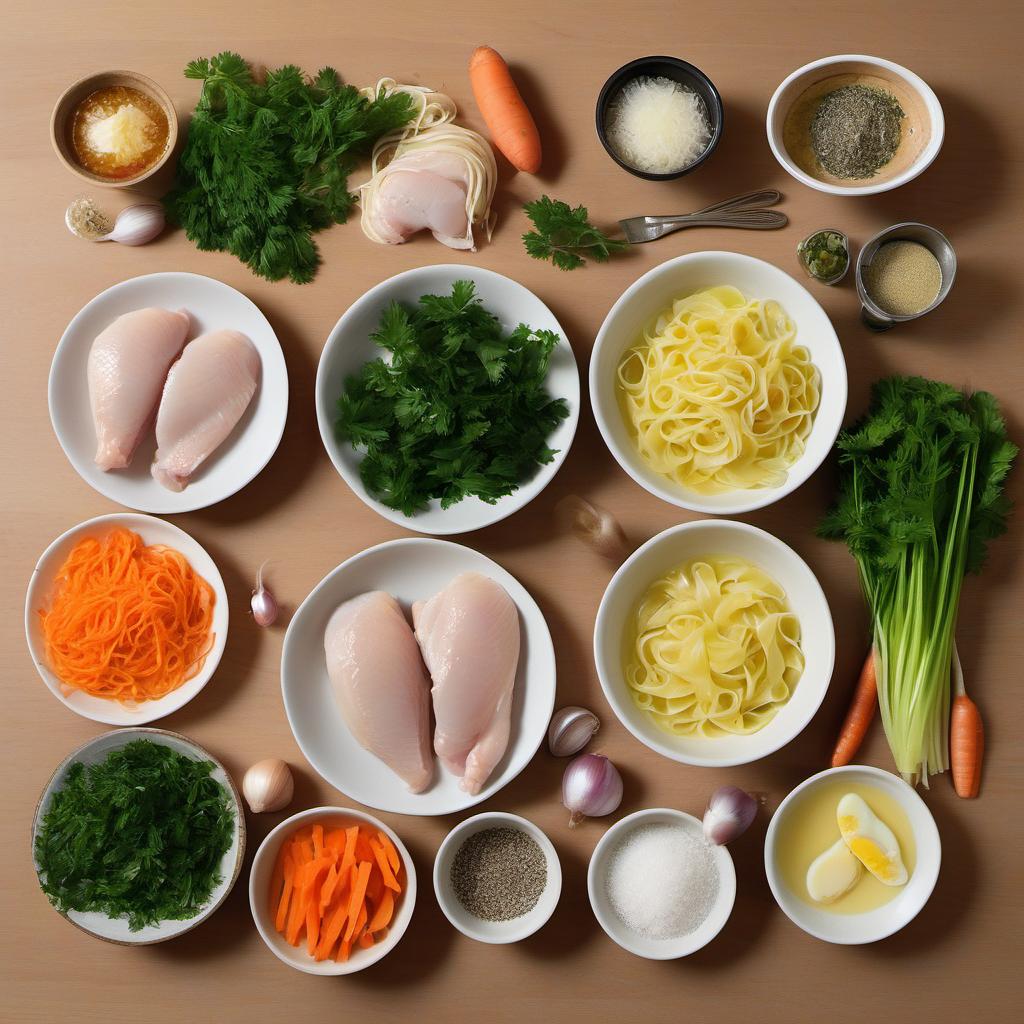 Items needed to answer the question, How do I make the best chicken noodle soup. Items include:  Skinless, boneless chicken breasts  Onion  Carrots  Celery stalks  Garlic cloves  Chicken broth  Bay leaf  Dried thyme  Dried parsley  Egg noodles  Salt and pepper