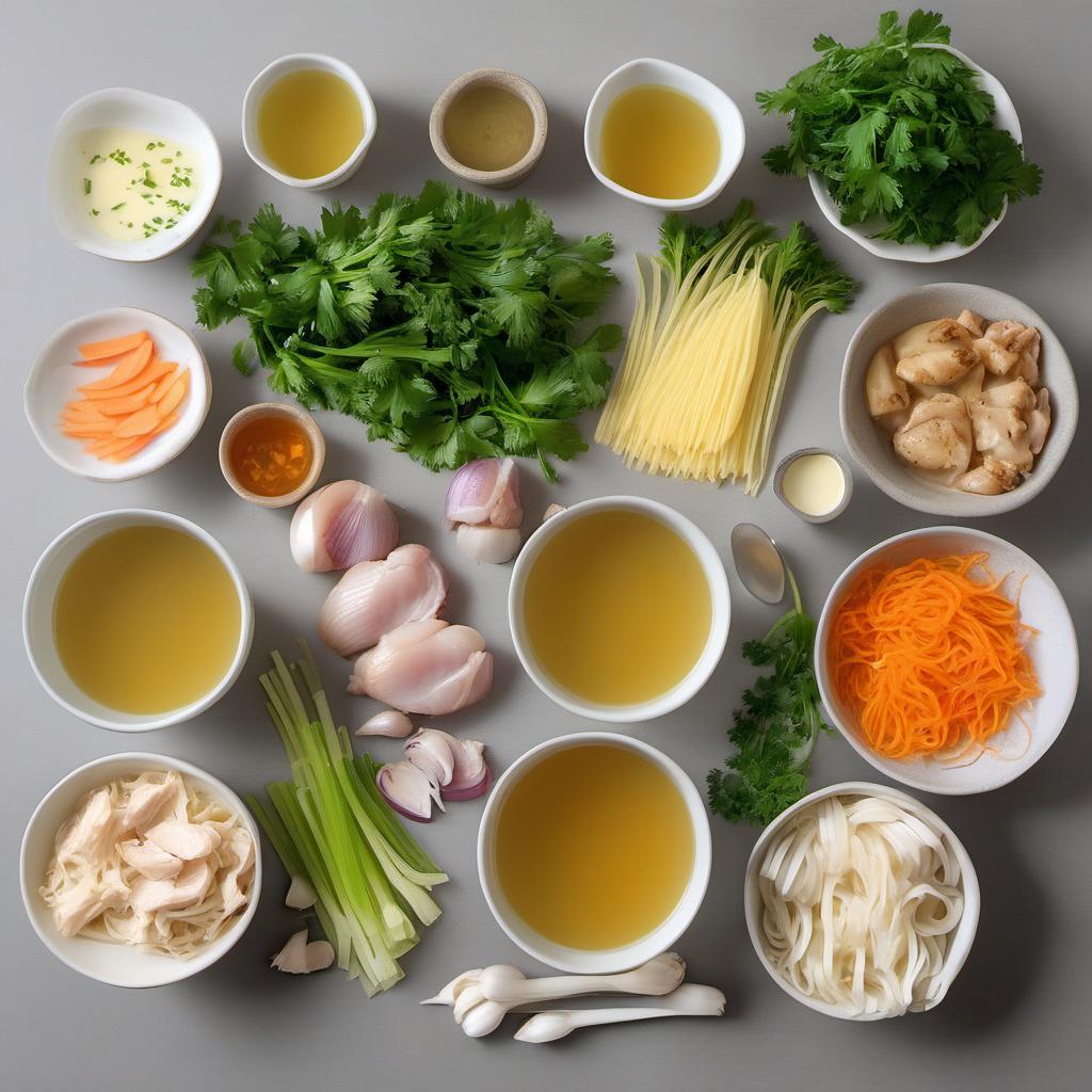 Items needed to answer the question, How do I make gluten-free chicken noodle soup. Items include:  gluten-free chicken broth  cooked gluten-free noodles  cooked chicken breast  carrot  celery stalk  onion  garlic cloves  olive oil  fresh parsley