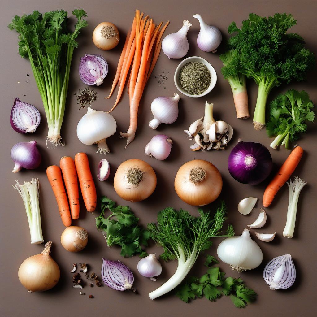 Items needed to answer the question, How do I make a hearty vegetable broth. Items include:  Vegetables  Seasonings