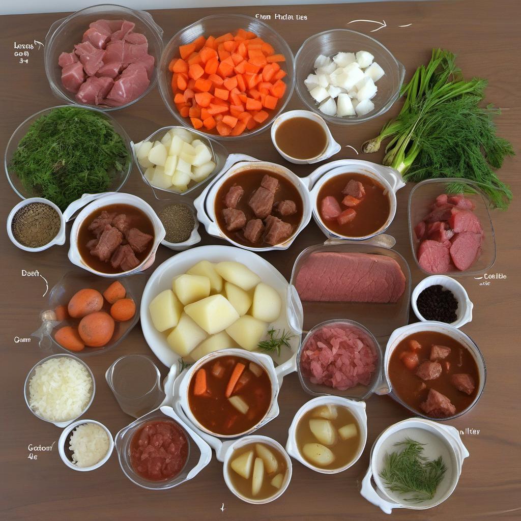 Items needed to answer the question, How do I make Beef Stew like Grandma used to. Items include:  Beef Stew Meat  Beef Broth  Onion  Carrots  Potatoes  Celery Stalks  Diced Tomatoes  Garlic Cloves  Tomato Paste  Dried Thyme  Dried Rosemary  Salt  Pepper  Olive Oil