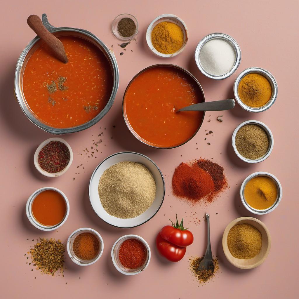 Items needed to answer the question, How do I spice up my tomato soup. Items include:  Tomato Soup  Cumin  Curry Powder  Paprika  Cayenne Pepper  Crushed Red Pepper Flakes  Salt and Pepper