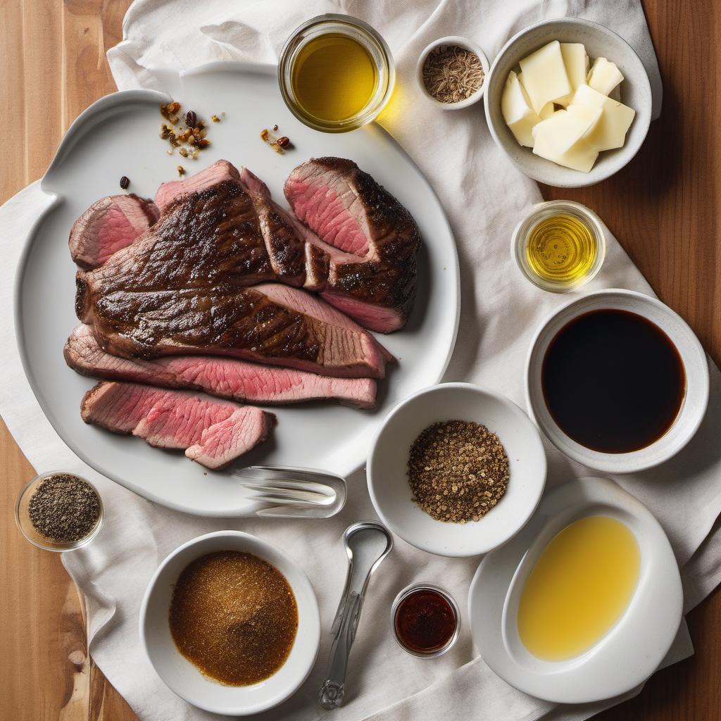 Items needed to answer the question, How do I marinate a perfect Grilled Steak with Garlic Butter. Items include:  Steak  Soy Sauce  Worcestershire Sauce  Olive Oil  Garlic Cloves  Brown Sugar  Butter  Salt and Pepper