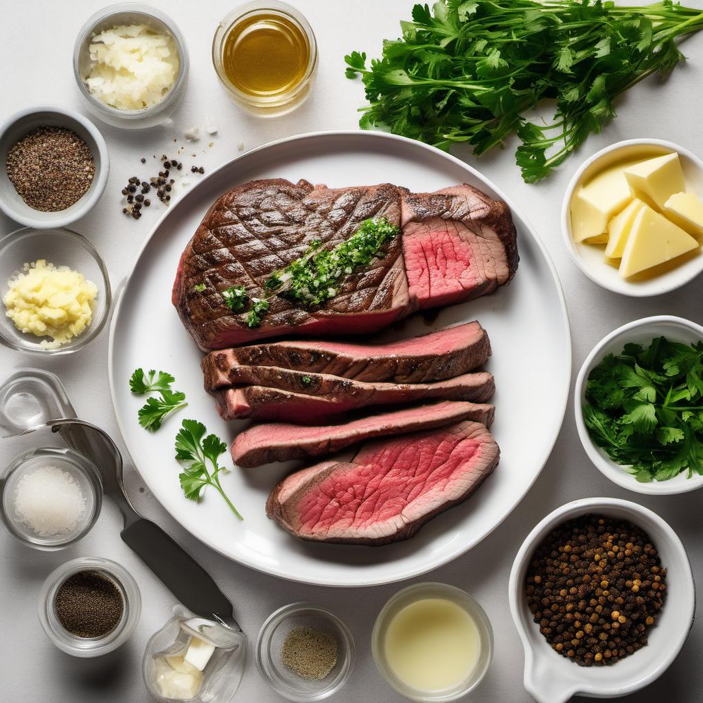 Items needed to answer the question, How do I serve Grilled Steak with Garlic Butter like a pro. Items include:  Steak  Salt  Black pepper  Butter  Garlic  Fresh parsley