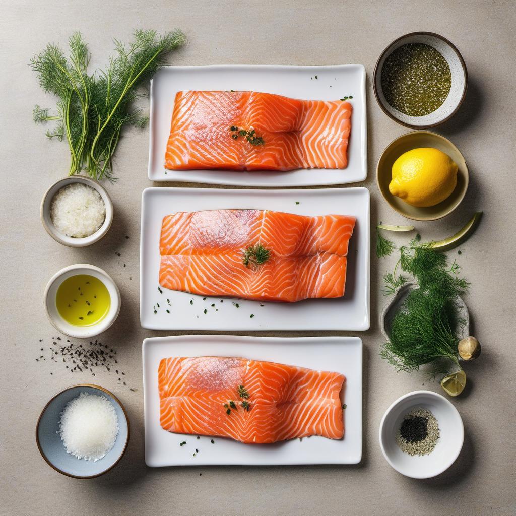 Items needed to answer the question, How do I jazz up Baked Salmon with Lemon and Dill. Items include:  Salmon fillets  Lemons  Olive oil  Fresh dill  Garlic clove  Salt and pepper