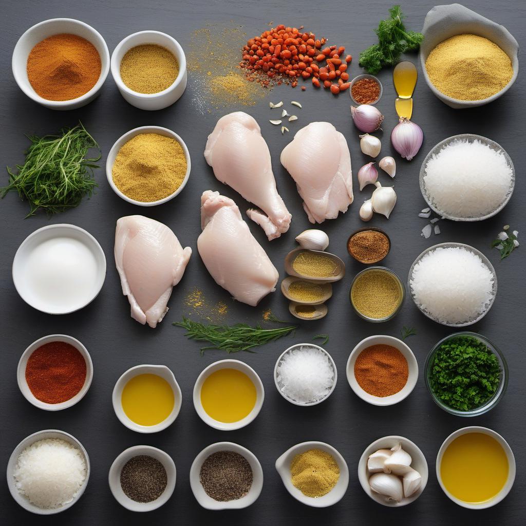 Items needed to answer the question, How do I make a quick and easy chicken curry. Items include:  Boneless chicken breasts  Onion  Garlic cloves  Curry powder  Coconut milk  Vegetable oil  Salt  Pepper