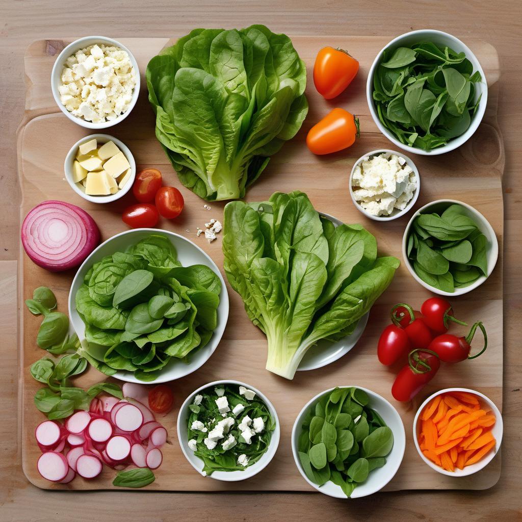 Items needed to answer the question, How do I jazz up a Garden Salad with Vinaigrette. Items include:  Romaine lettuce  Arugula  Baby spinach  Bell peppers  Cherry tomatoes  Radishes  Carrots  Feta cheese  Toasted pine nuts  Fresh herbs (basil or parsley)  Olive oil  Balsamic vinegar  Dijon mustard  Honey  Minced garlic  Salt  Pepper