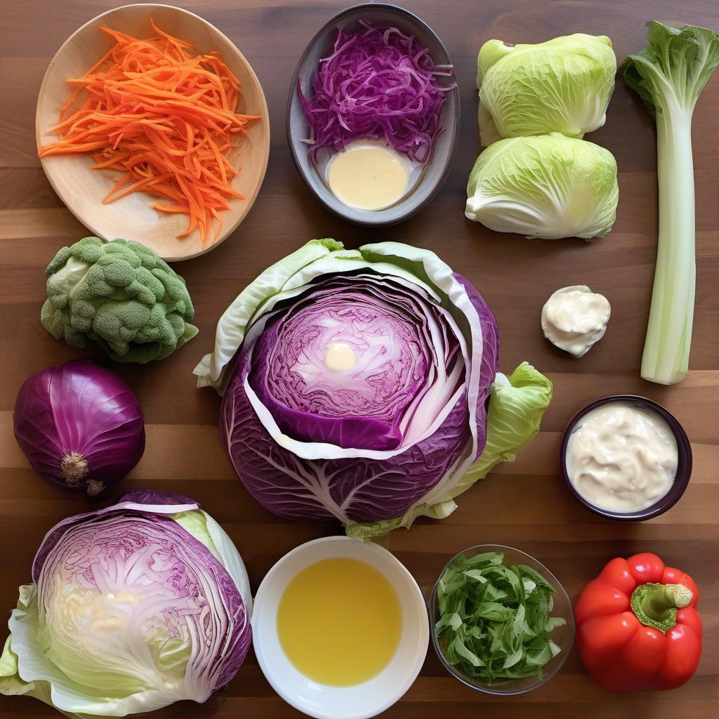Items needed to answer the question, How do I make a zesty and crunchy coleslaw. Items include:  Cabbage (green)  Cabbage (purple)  Carrot  Red bell pepper  Red onion  Mayonnaise  Sour cream  Dijon mustard  Apple cider vinegar  Honey  Salt  Pepper  Cayenne pepper  Tortilla chips  Fresh cilantro  Lime