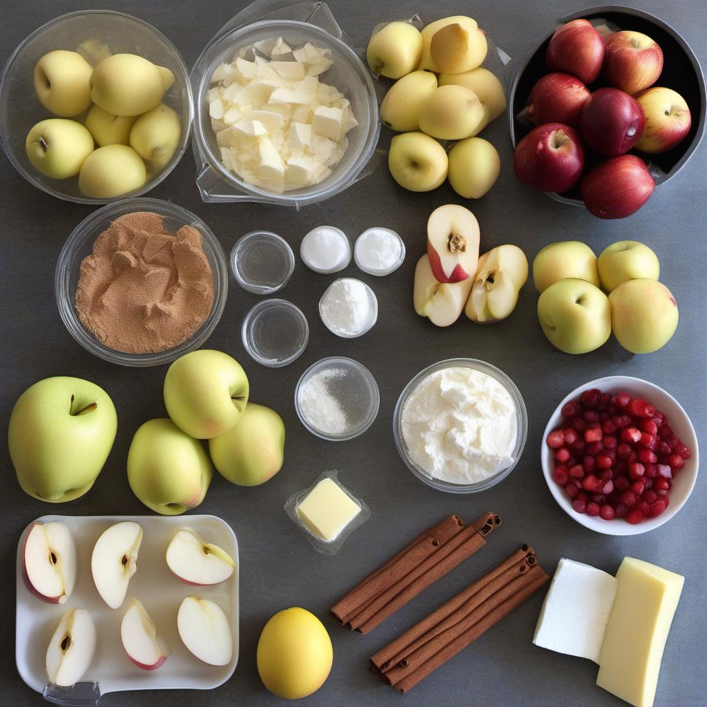 Items needed to answer the question, How do I make a mini apple pie. Items include:  Apples  Sugar  Cinnamon  Lemon Juice  Flour  Salt  Unsalted Butter  Ice Water  Egg  Sugar (for sprinkling)