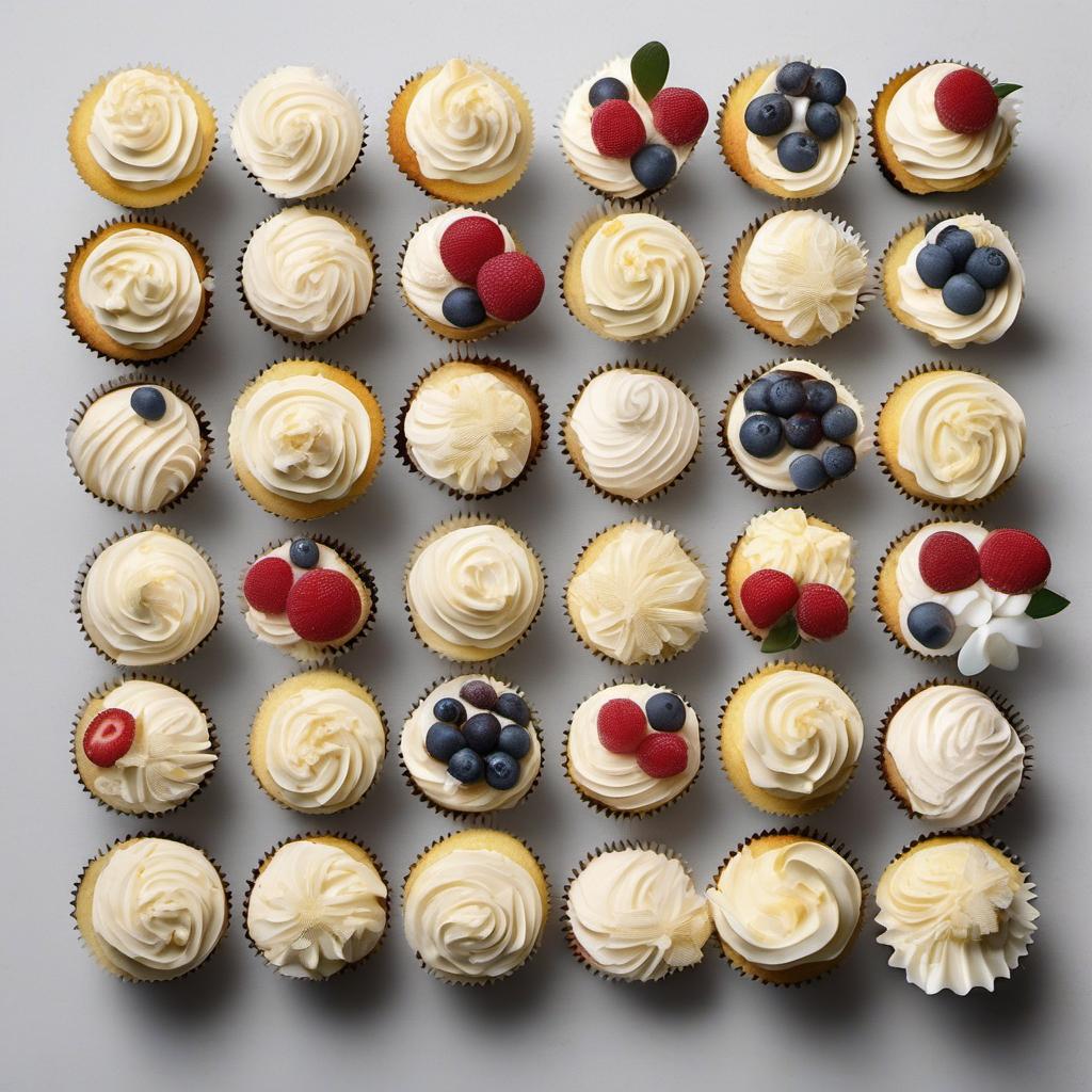 Items needed to answer the question, How do I decorate Vanilla Cupcakes like a pro. Items include:  Vanilla Cupcakes  Frosting  Piping Bag  Piping Tip  Toppings