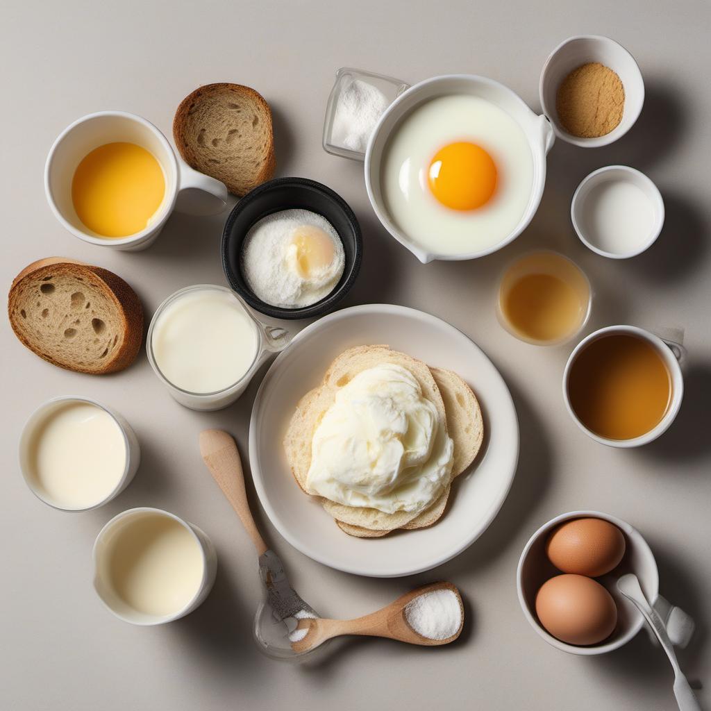 Items needed to answer the question, How do I make a delectable Bread Pudding. Items include:  Bread  Milk  Heavy Cream  Granulated Sugar  Eggs  Vanilla Extract