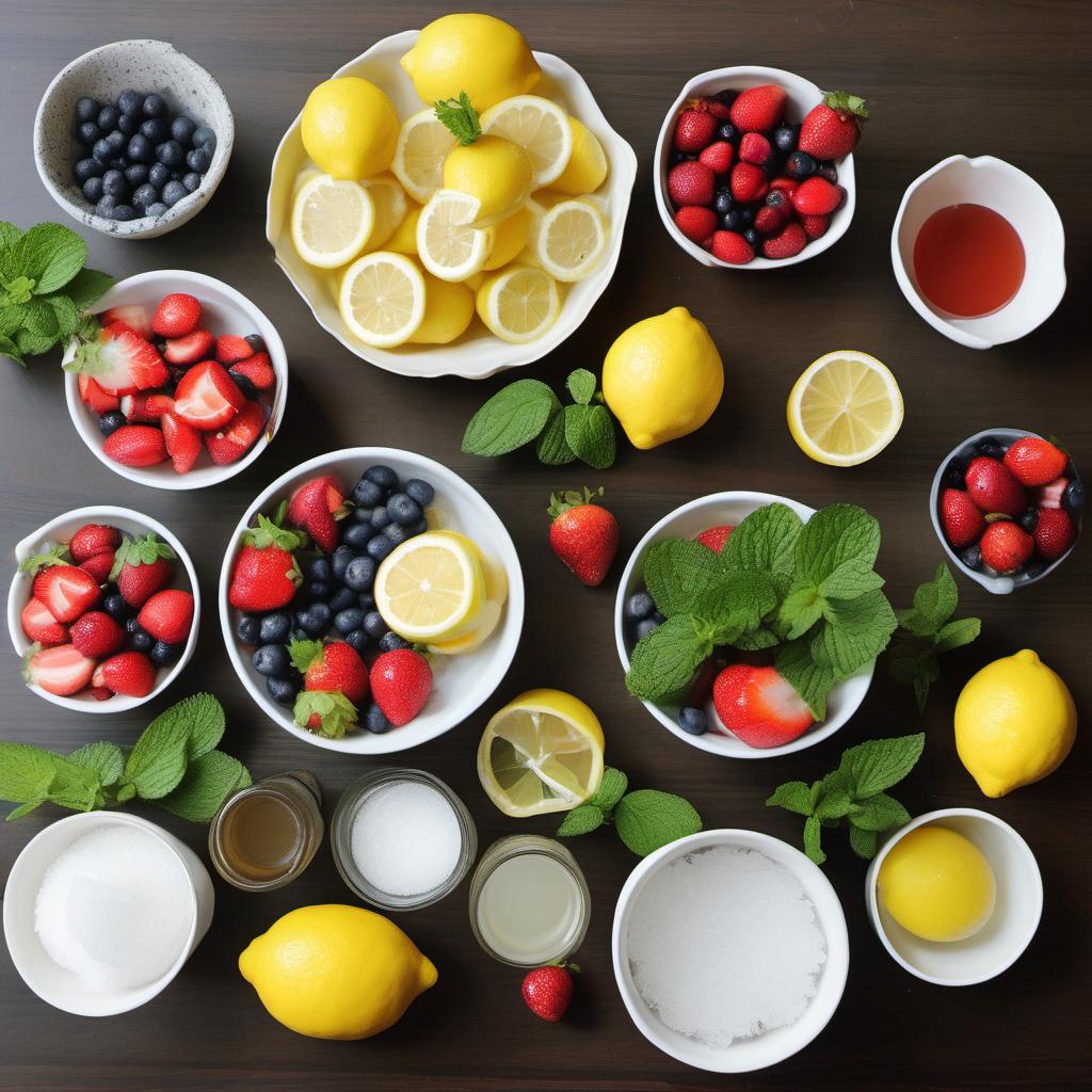 Items needed to answer the question, How do I create the Ultimate Summer Lemonade Party. Items include:  Fresh Lemon Juice  White Sugar  Water  Strawberries  Fresh Mint  Flavored Syrups  Garnishes  Ice Cubes  Cute Straws  Lemonade Cupcakes  Lemon Bars  Lemon-Infused Cookies  Lemon Pepper Chicken Skewers  Lemon Herb Shrimp