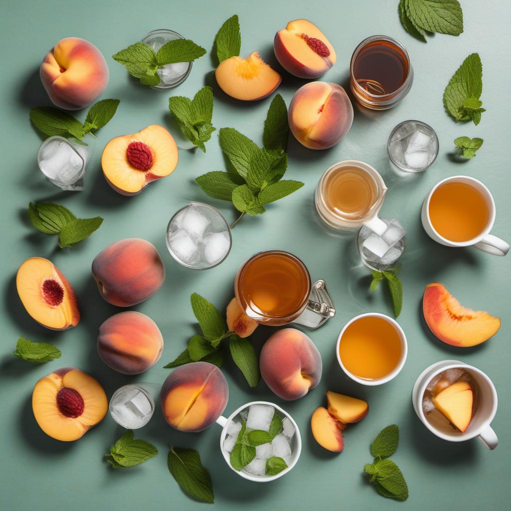 Items needed to answer the question, How do I brew a Perfect Peach Iced Tea. Items include:  Water  Sugar  Ripe Peaches  Tea Bags  Ice Cubes  Optional Garnish