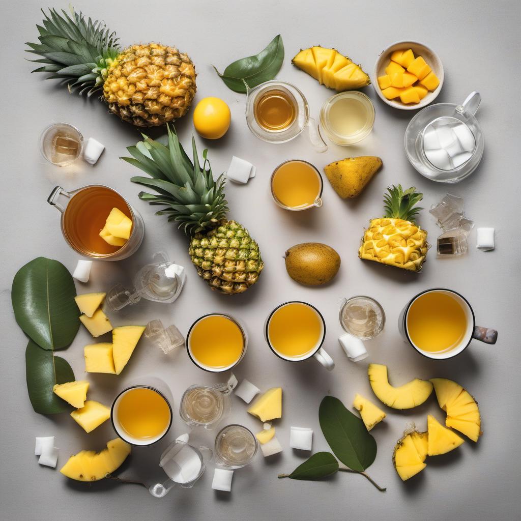 Items needed to answer the question, How do I create a Tropical Mango-Pineapple Iced Tea. Items include:  water  tea bags  mango  pineapple chunks  sugar or honey  fresh mango or pineapple