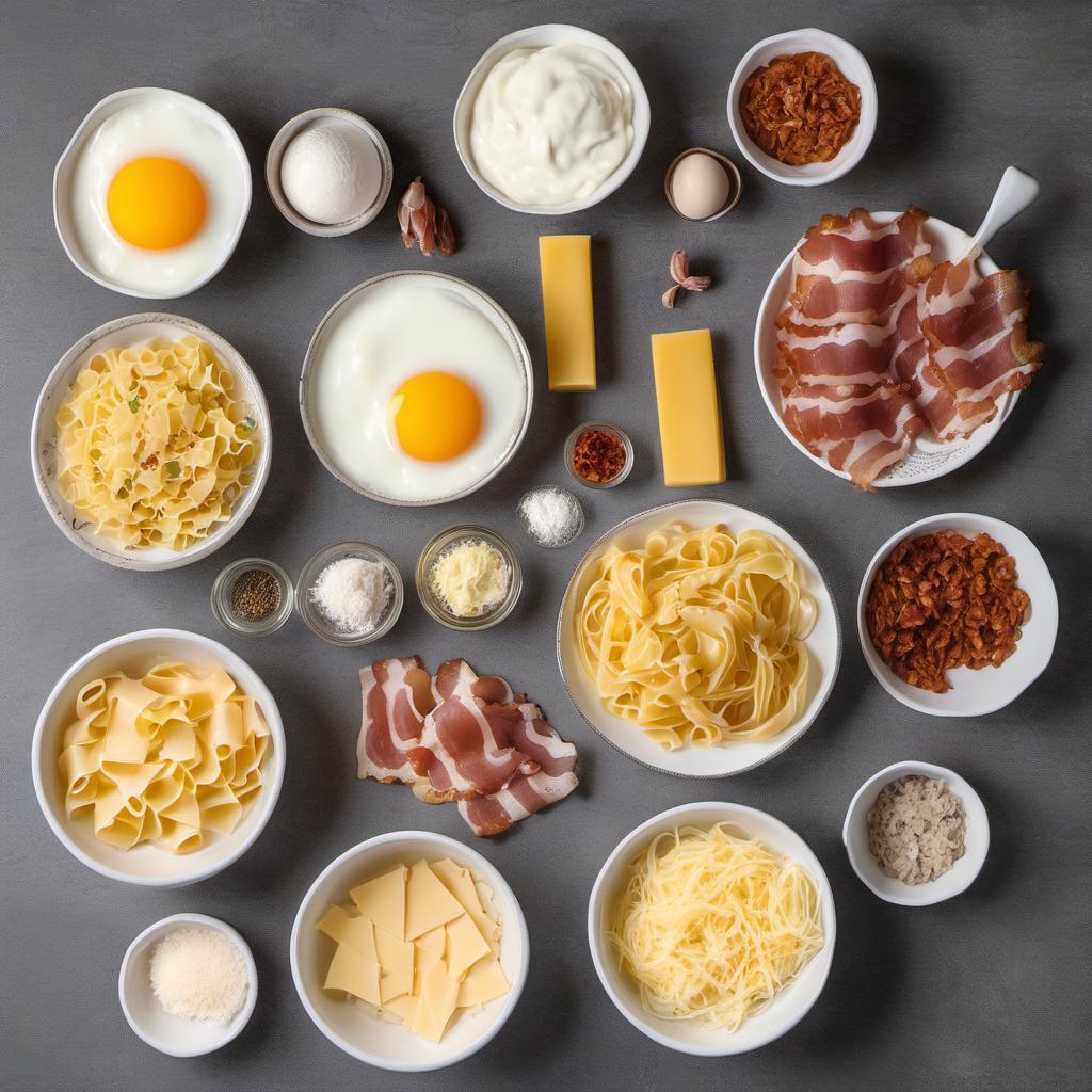 Items needed to answer the question, How do I make a creamy Carbonara pasta. Items include:  pasta  bacon  garlic  eggs  cheese  cream
