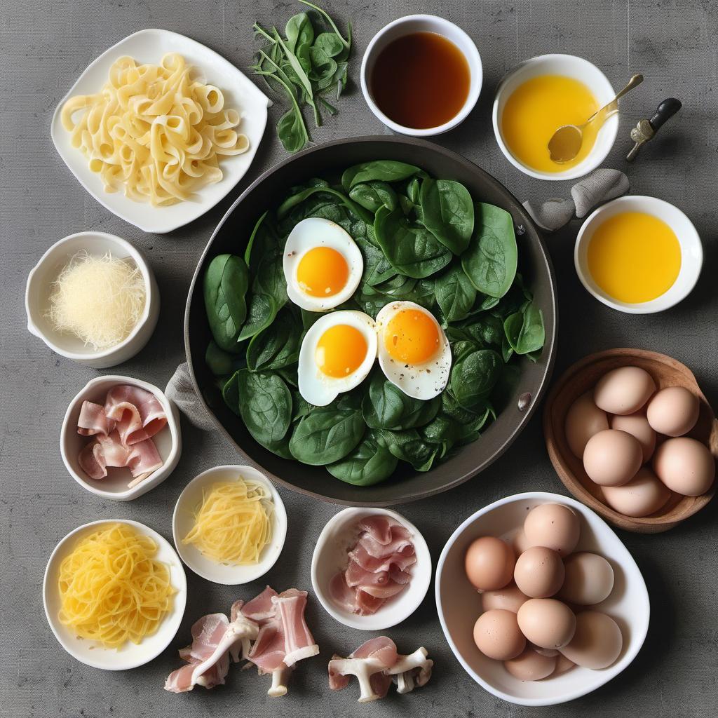 Items needed to answer the question, How do I add a twist to a classic Carbonara. Items include:  Pancetta  Spinach  Mushrooms  Egg yolks  Whole egg  Salt  Pepper  Parmesan cheese  Pasta