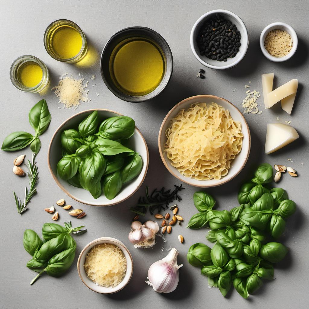Items needed to answer the question, How do I make pesto pasta from scratch. Items include:  fresh basil leaves  garlic cloves  pine nuts  Parmesan cheese  extra virgin olive oil  salt  black pepper  pasta